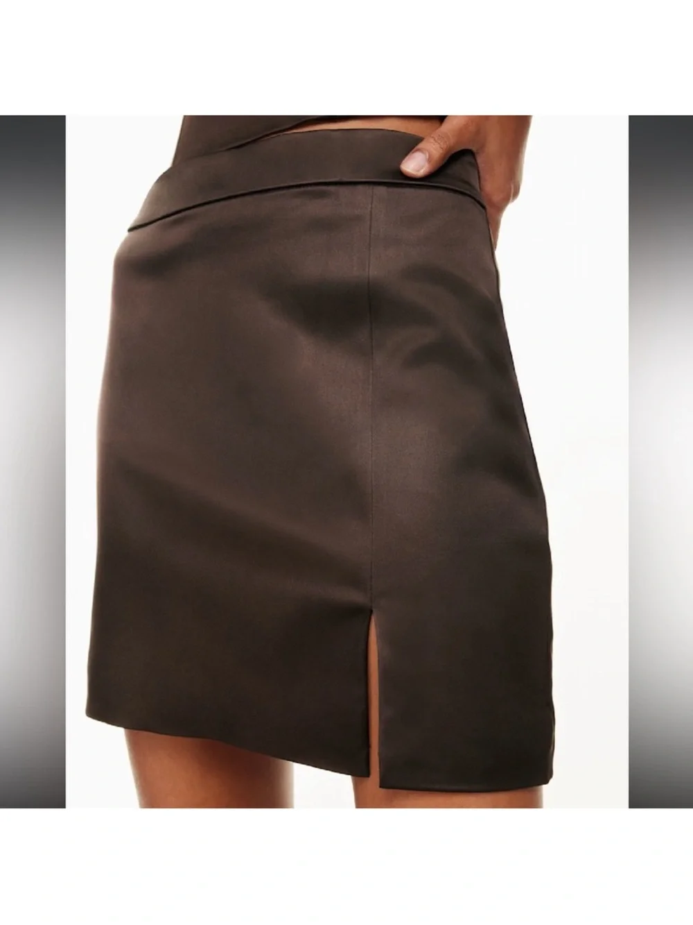 Wilfred Aritzia Satin Mini Skirt with Front Slit - Brown